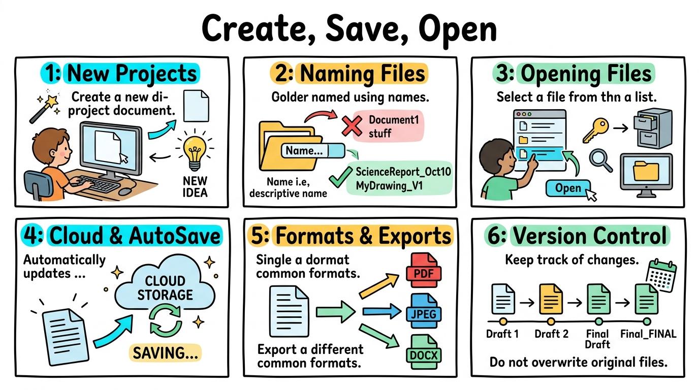 Visual Sketchnote for Create, Save, Open