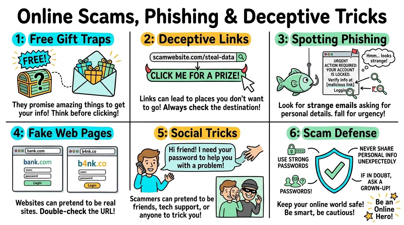 Visual Sketchnote for Online Scams, Phishing & Deceptive Tricks