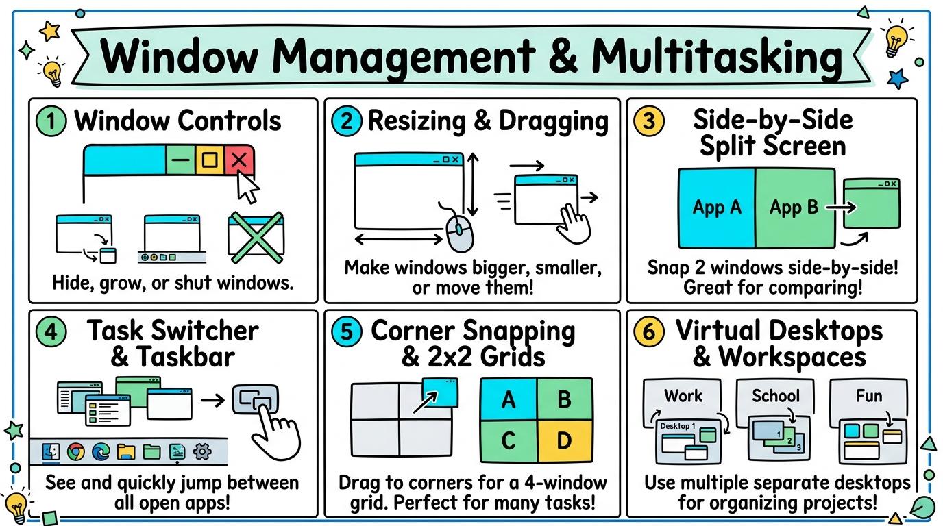 Visual Sketchnote for Window Management & Multitasking